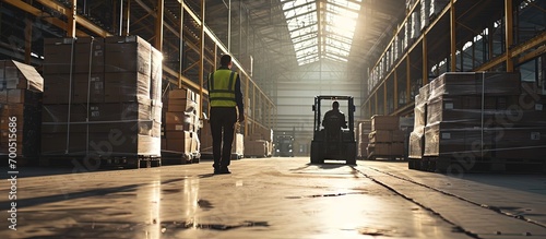 Custom warehouse Man customs officer and boxes Guy in yellow vest with her back to camera Tiered racks and forklift blurred Customs warehouse with cardboard boxes Career storage worker © HN Works