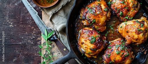 Homemade Chimichurri Chicken thighs ready to eat on iron cast pan. Creative Banner. Copyspace image photo