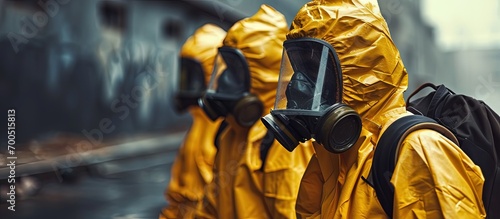 Decontamination of biohazard team of emergency medical service in protective suits. Creative Banner. Copyspace image photo