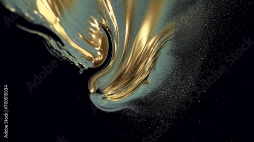 Colorful Liquid Oil Glitter Brush stroke on black background. Shiny glowing marbled texture for beauty industry. 