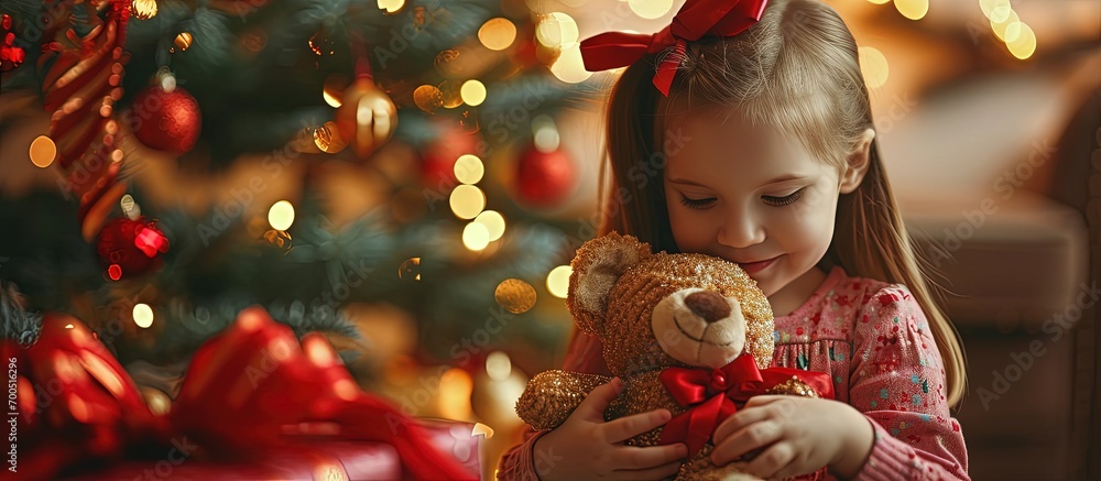 Amazing gift for play and sleep next to Happy child got gift for xmas Little girl hold soft toy gift at Christmas tree Christmas and new year gift Xmas present Boxing day. Creative Banner Amazing gift for play and sleep next to Happy child got gift for xmas Little girl hold soft toy gift at Christmas tree Christmas and new year gift Xmas present Boxing day. Creative Banner
