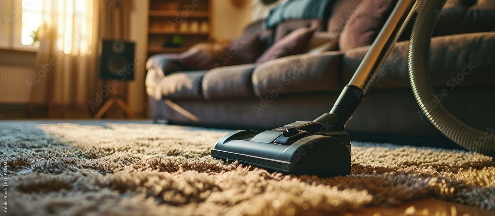 Brown carpet with vacuum cleaner in living room. Creative Banner. Copyspace image - obrazy, fototapety, plakaty 