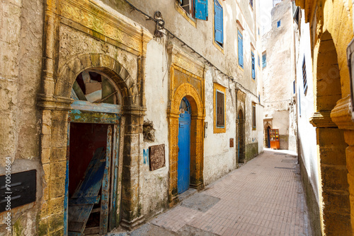 Facade of old houses in the medina of Essaouira, Morocco, North Africa © jeeweevh
