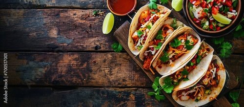 Homemade Fresh Fish Tacos top view Flat lay overhead from above. Creative Banner. Copyspace image