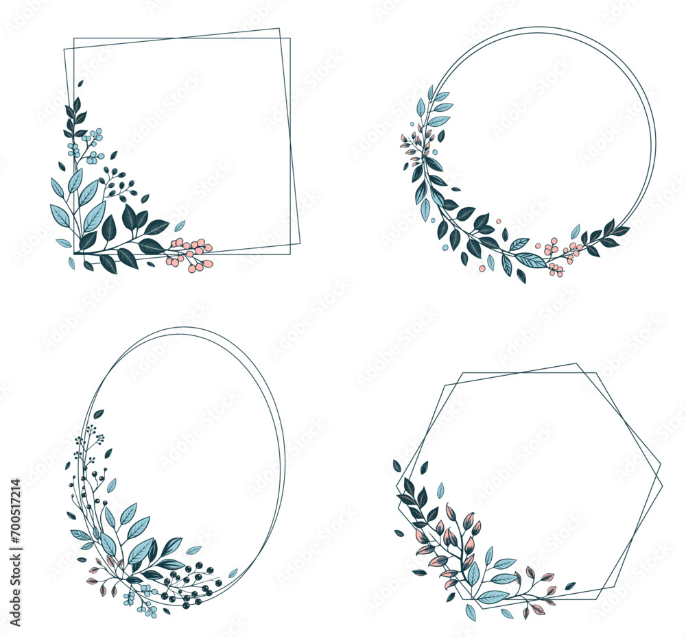Set of monochrome botanical frames with leaves and berries. Vector floral border wreath for invitations, posters and wedding. - obrazy, fototapety, plakaty 