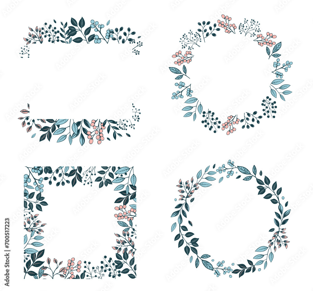Set of botanical frames with leaves and berries for invitations, posters and wedding. Vector floral border wreath Set of botanical frames with leaves and berries for invitations, posters and wedding. Vector floral border wreath