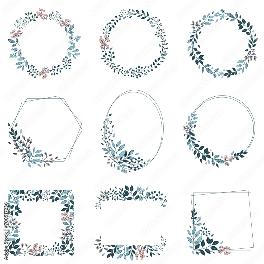 Set of vector botanical frames with leaves and berries. Floral border wreath for invitations, posters and wedding. Set of vector botanical frames with leaves and berries. Floral border wreath for invitations, posters and wedding.