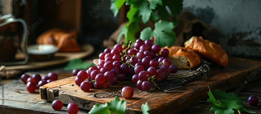 Grapes wine and Unleavened Bread for holy communion. Creative Banner. Copyspace image
