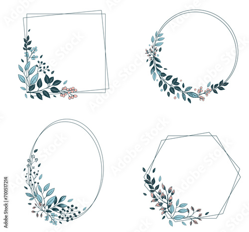 Set of monochrome botanical frames with leaves and berries. Vector floral border wreath for invitations, posters and wedding.