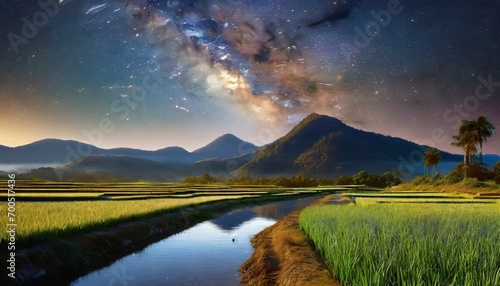 mountain and rive field with river in the middle at night time, beautiful view of rice field at night time with miky way view above the mountain photo