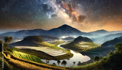 mountain and rive field with river in the middle at night time, beautiful view of rice field at night time with miky way view above the mountain photo