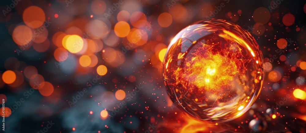 Magical sound wave volume Abstract precious glowing energy ball with orange light Molecule structure reaction Nano technology physic concept Innovation development Isolated clipping path - obrazy, fototapety, plakaty 