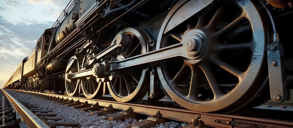 A closeup view of the wheels of a train car undercarriage passenger train freight train. Creative Banner. Copyspace image