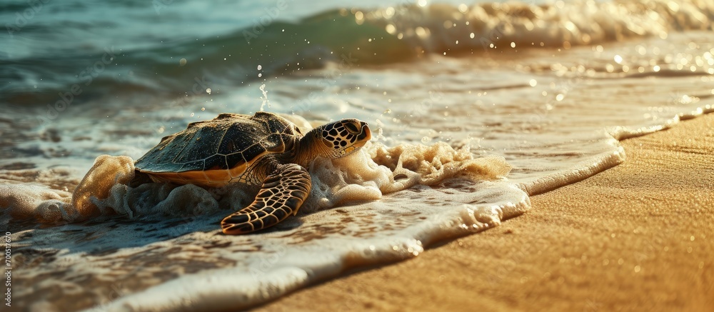 Obraz premium A sea turtle rests ont he sands as waves wash over him. Creative Banner. Copyspace image