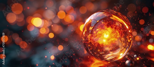 Magical sound wave volume Abstract precious glowing energy ball with orange light Molecule structure reaction Nano technology physic concept Innovation development Isolated clipping path photo