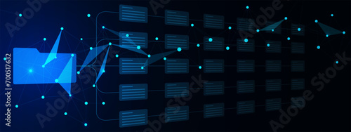 Digital folder and documents with connecting dots and lines. Migration file and connected document file concept background.
