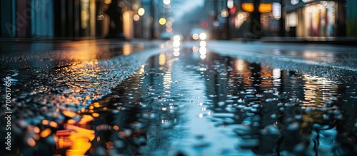 Asphalt road after the rain and crosswalk with reflections vertical photo of wet empty street. Creative Banner. Copyspace image