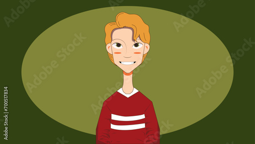 Cute boy. Cartoon teenager, red-haired, in a red sweater, on a green background