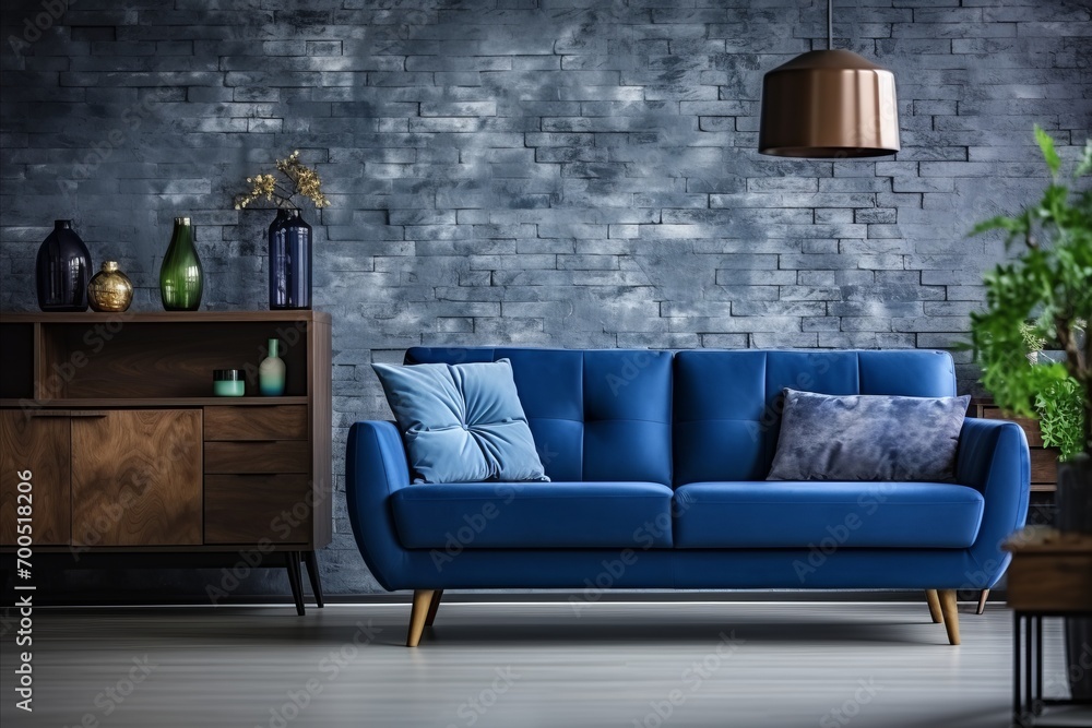 Modern Scandinavian Design. Navy Blue Sofa in Studio Apartment with Sleek Living Room and Kitchen Modern Scandinavian Design. Navy Blue Sofa in Studio Apartment with Sleek Living Room and Kitchen