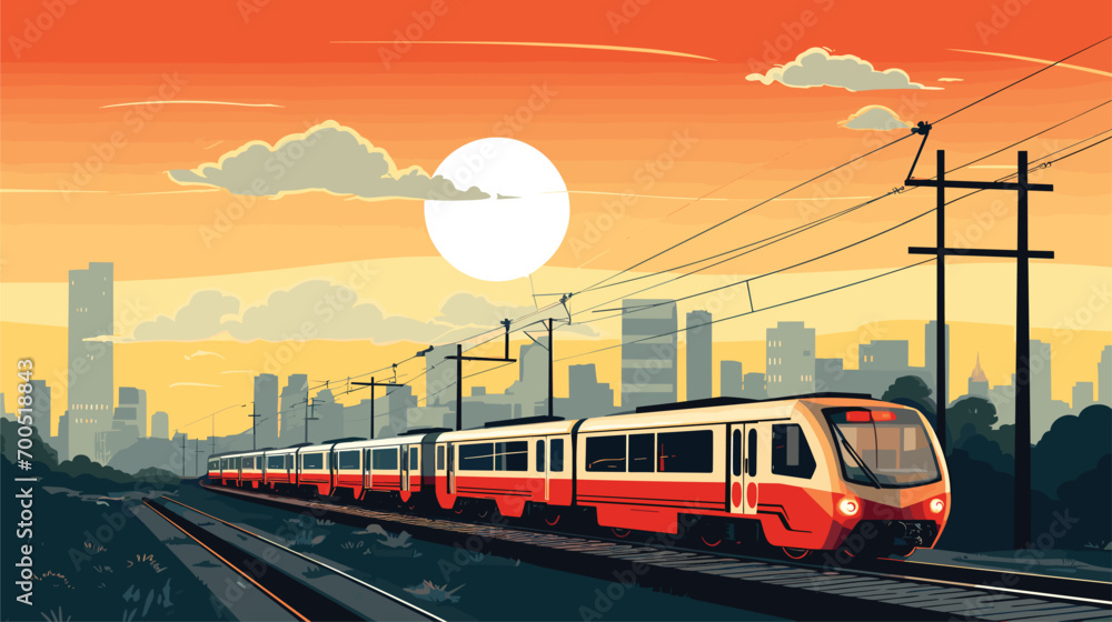Naklejka premium urban mobility revolution in a vector scene featuring electric trains seamlessly navigating through city landscapes. Illustrate the integration of electric trains into urban transit systems