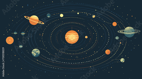  cosmic dance of celestial bodies with a vector art piece featuring the sun as the center of the solar system. Illustrate the orbits of planets and their relationship to the sun, emphasizing