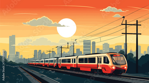 urban mobility revolution in a vector scene featuring electric trains seamlessly navigating through city landscapes. Illustrate the integration of electric trains into urban transit systems