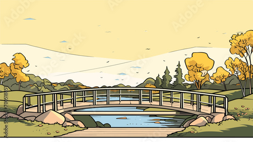 simplicity and rustic charm of a pedestrian bridge in a vector scene featuring a bridge designed for foot traffic. Illustrate the intimate connection between pedestrians and nature