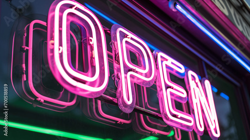 Neon sign with the word open in the center of the frame