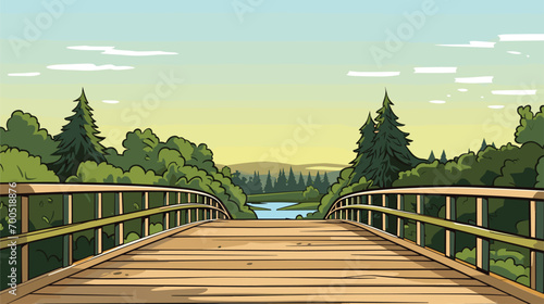simplicity and rustic charm of a pedestrian bridge in a vector scene featuring a bridge designed for foot traffic. Illustrate the intimate connection between pedestrians and nature