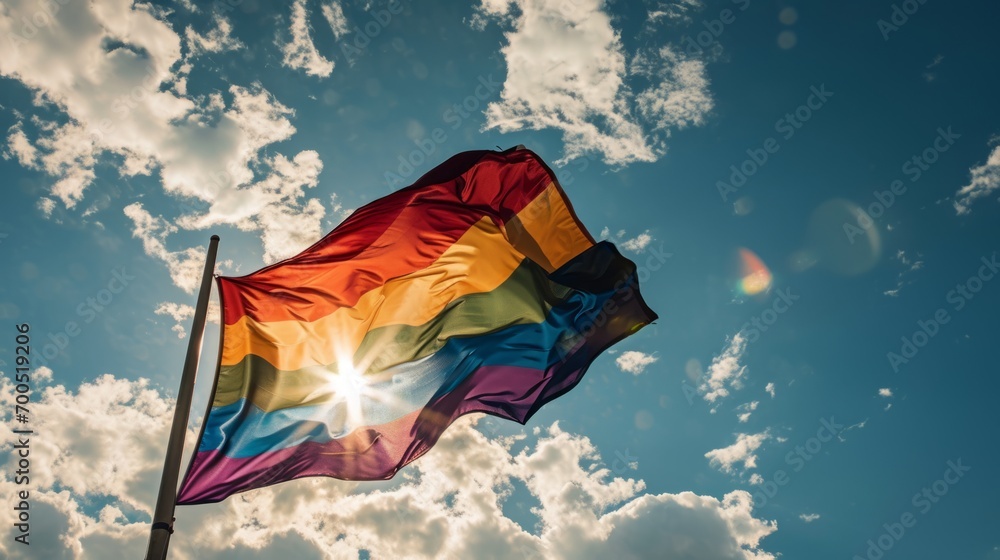 LGBT flag. Waving rainbow flag against blue sky. Freedom of love and diversity  