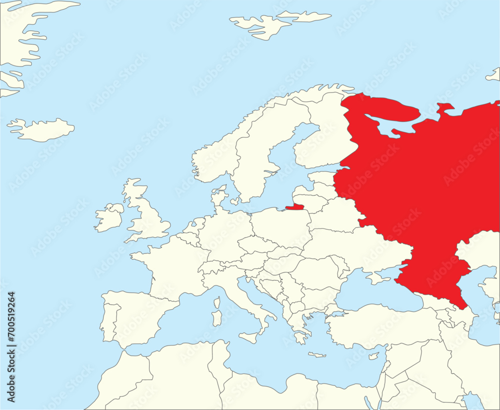 Red CMYK national map of THE RUSSIAN FEDERATION (European part) inside simplified beige blank political map of European continent on blue background using Winkel Tripel projection