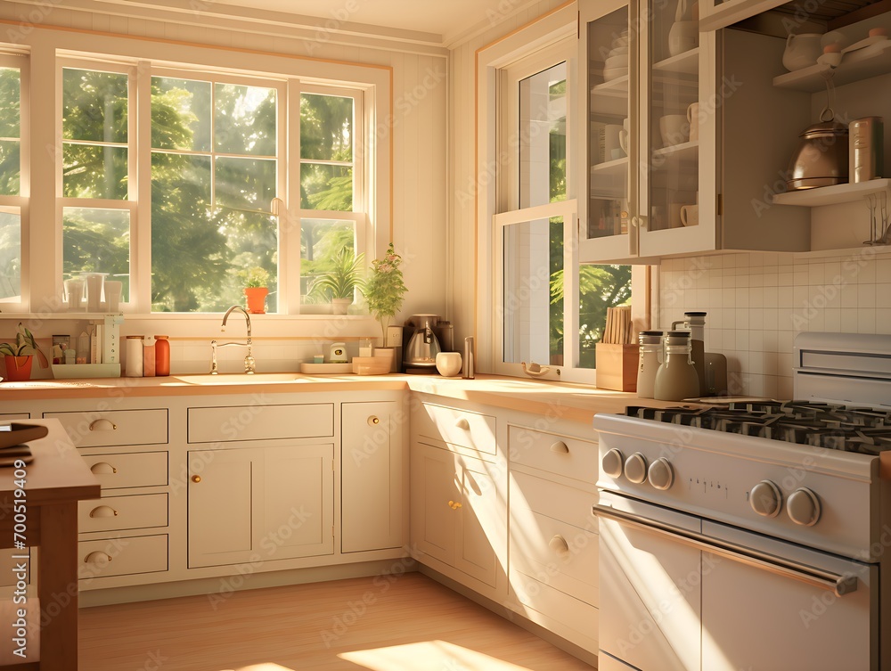 A Cozy Kitchen Bathed in Summer Sunlight adorned with White, Birch, and Coral Tones A Cozy Kitchen Bathed in Summer Sunlight adorned with White, Birch, and Coral Tones