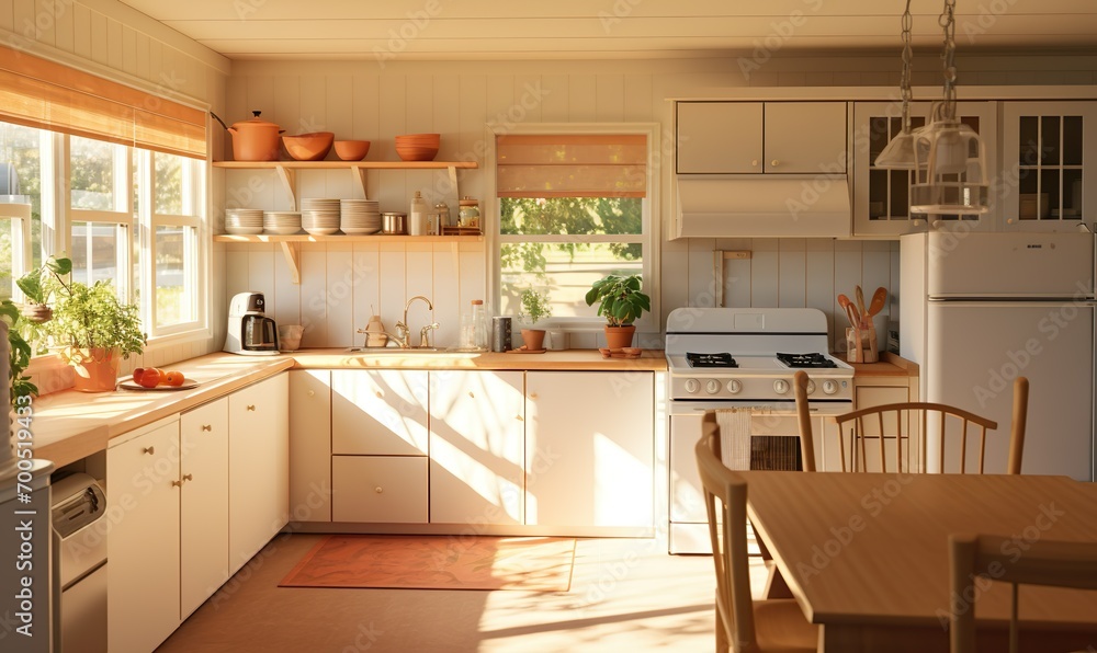 A Cozy Kitchen Bathed in Summer Sunlight adorned with White, Birch, and Coral Tones A Cozy Kitchen Bathed in Summer Sunlight adorned with White, Birch, and Coral Tones