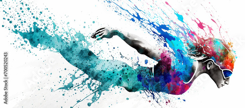 Watercolor abstract illustration of swimmer. Swimming action during colorful paint splash isolated on white background. AI generated. 