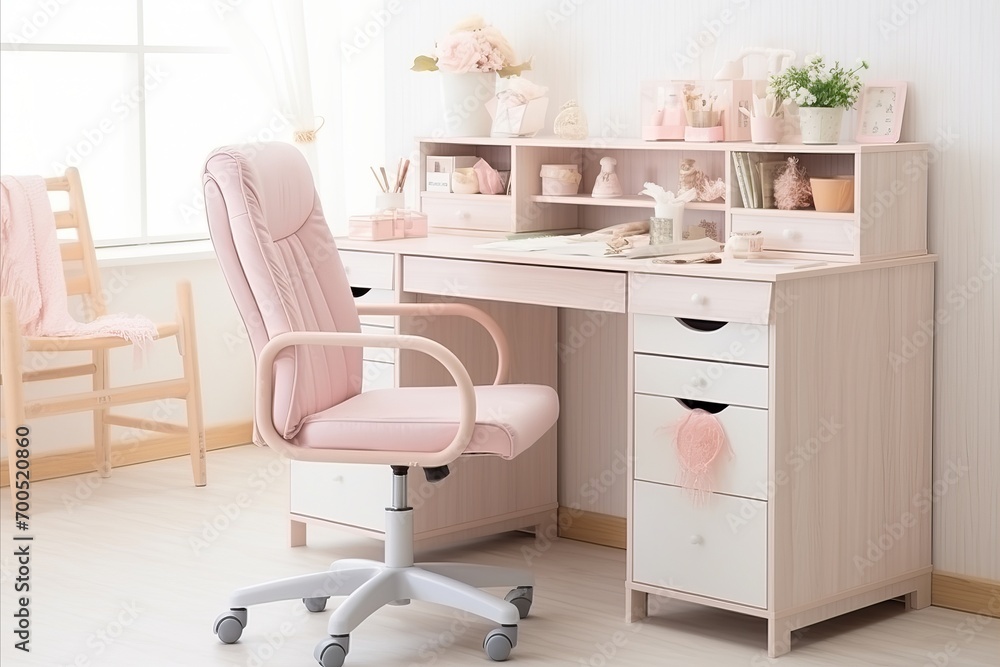 Modern Scandinavian Cozy Home Office with Wooden Drawer Writing Desk and Fabric Chair Modern Scandinavian Cozy Home Office with Wooden Drawer Writing Desk and Fabric Chair