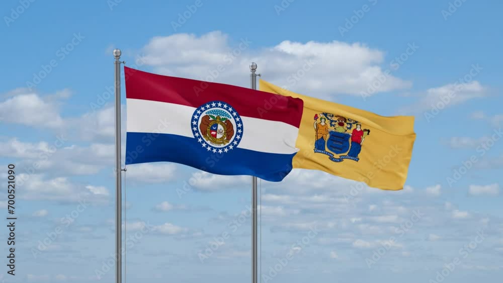 New Jersey and Missouri US state flags waving together on cloudy sky, endless seamless loop New Jersey and Missouri US state flags waving together on cloudy sky, endless seamless loop