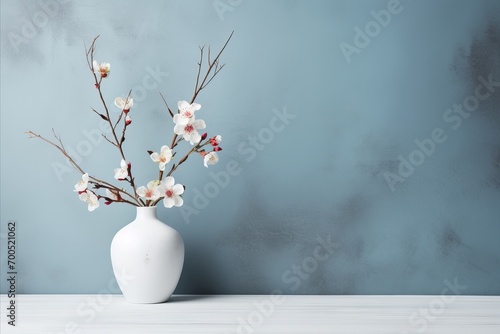 Branch in glass vase against concrete wall with copy space. Home interior background