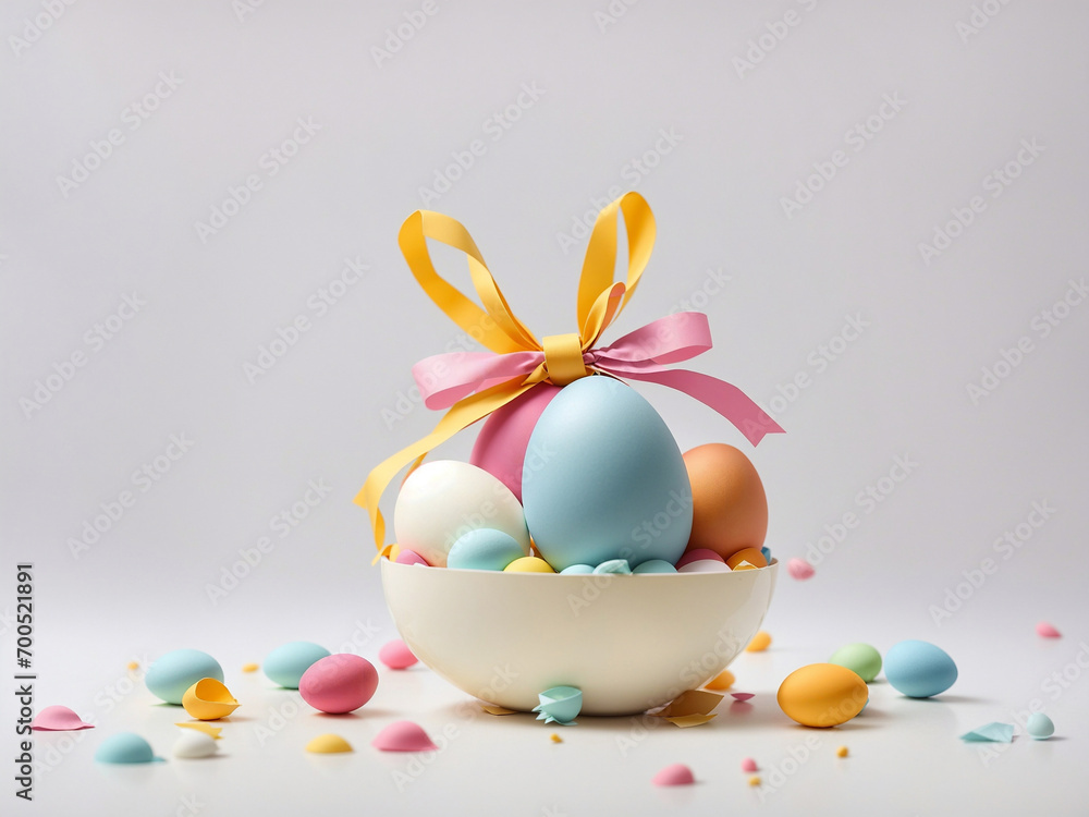 Des oeufs de Pâques colorés avec un ruban dans un bol sur un fond clair Des oeufs de Pâques colorés avec un ruban dans un bol sur un fond clair