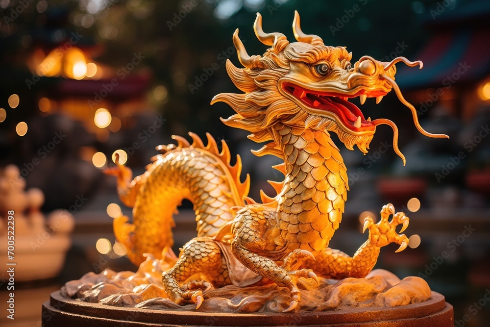 Dragon statue. Chinese wooden dragon fountain background Chinese New Year festival concept