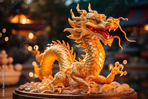Dragon statue. Chinese wooden dragon fountain background Chinese New Year festival concept © jureephorn