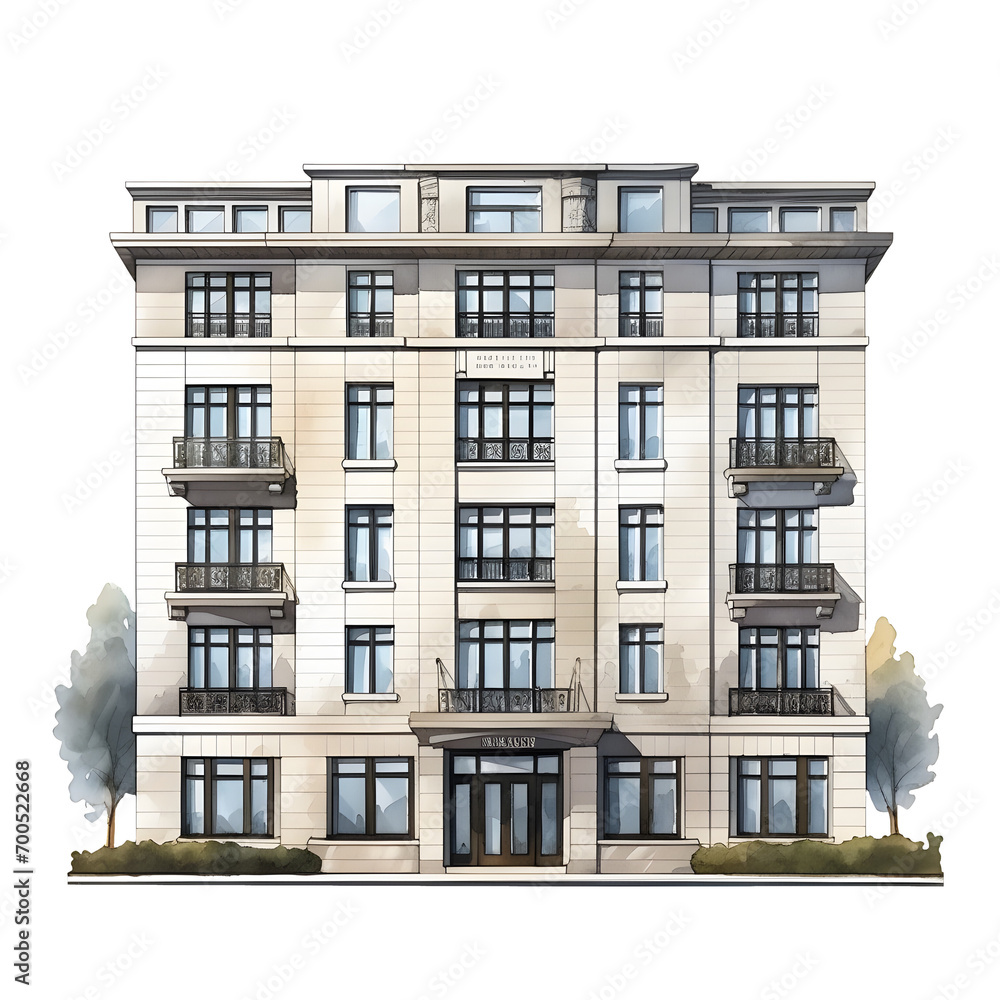 Building front view. Watercolor illustration hand paint style isolated.  Perfect for design decoration.