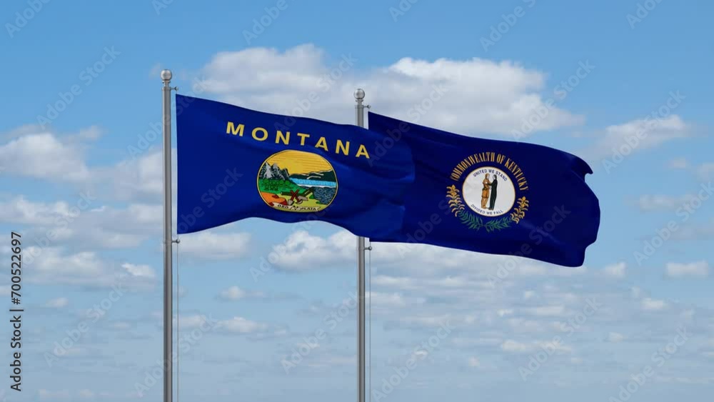 Kentucky and Montana US state flags waving together on cloudy sky, endless seamless loop Kentucky and Montana US state flags waving together on cloudy sky, endless seamless loop