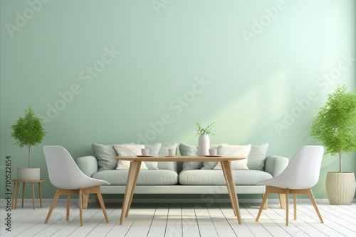 Scandinavian Dining Room. Sofa, Chairs, and Wooden Table by Window with Pastel Green Wall