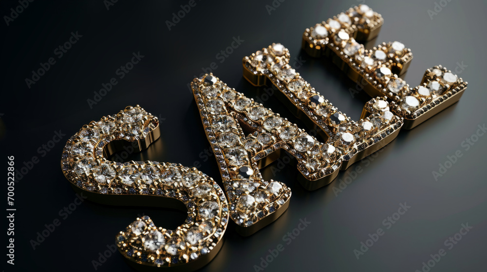 The word Sale made of gold and diamonds. Eye catchy advertising. Golden season of sales and discounts. Premium Deals The word Sale made of gold and diamonds. Eye catchy advertising. Golden season of sales and discounts. Premium Deals