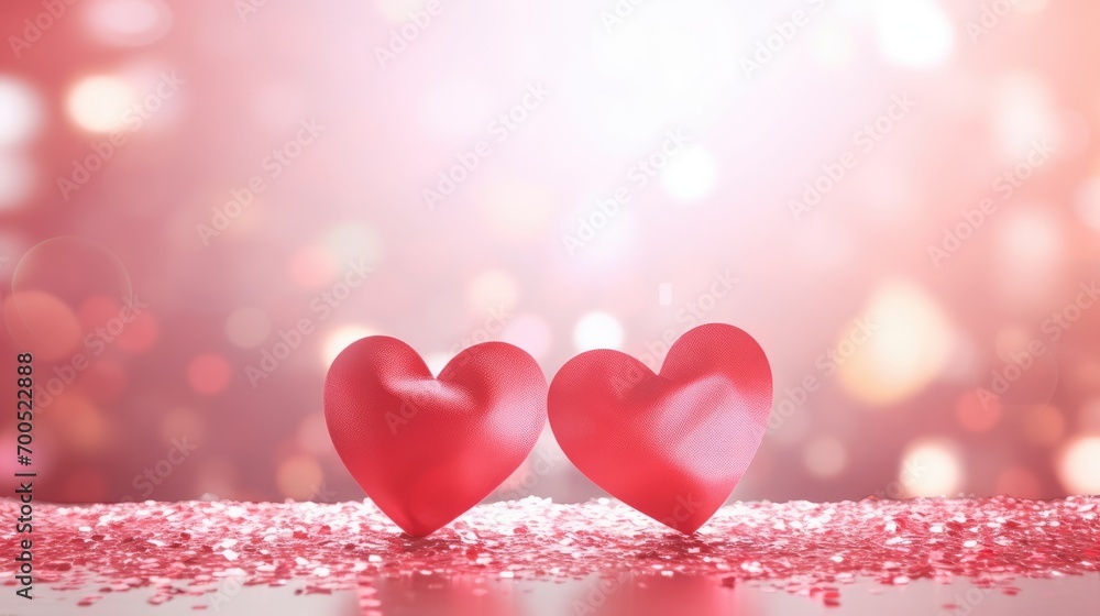 Red Heart shapes on abstract light glitter background in love concept for valentine's day Red Heart shapes on abstract light glitter background in love concept for valentine's day