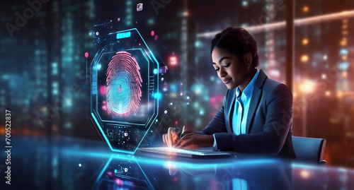 woman accessing her personal financial information on her phone using her fingerprint identification, generative ai photo