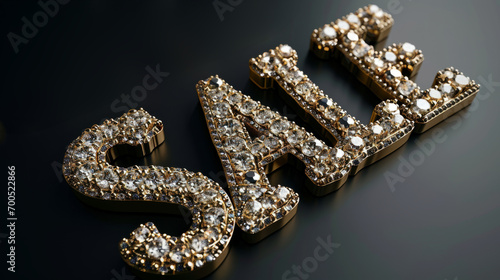 The word Sale made of gold and diamonds. Eye catchy advertising. Golden season of sales and discounts. Premium Deals