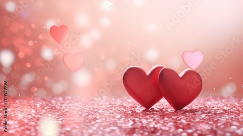 Red Heart shapes on abstract light glitter background in love concept for valentine's day