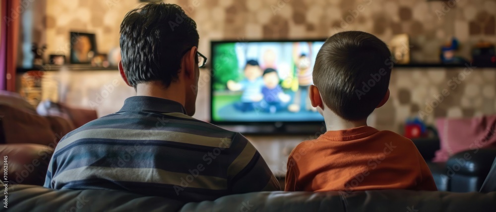 Back view of father and son watching cartoon videos in front TV. Rear view angle of a family watching television in living room. Generative ai Back view of father and son watching cartoon videos in front TV. Rear view angle of a family watching television in living room. Generative ai