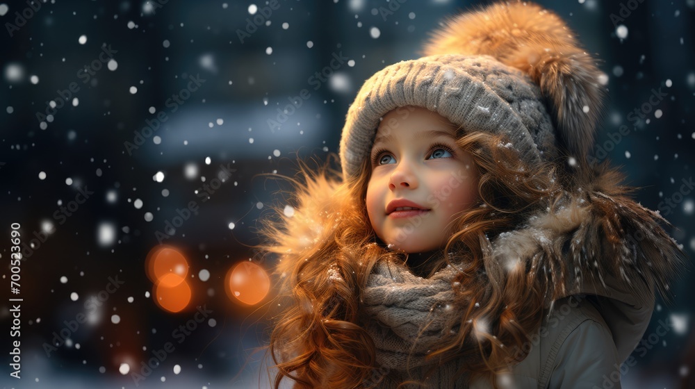 A young girl watches in wonder at the first snowfall of the season, her face glowing with enchantment. Capturing natural beauty and childhood innocence in winter, Generative AI A young girl watches in wonder at the first snowfall of the season, her face glowing with enchantment. Capturing natural beauty and childhood innocence in winter, Generative AI